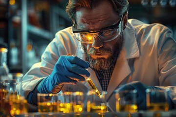 Poster - focused scientist working with pipette and beaker in a laboratory setting