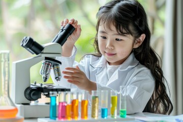 Poster - kids with test tube making experiment at school laboratory - science, chemistry and education concep