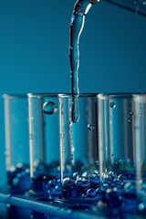 Canvas Print - Various test tubes and pipettes filled with blue liquid water samples on a blue background. A pipette is dropping water samples into test tubes. Laboratory glassware, science laboratory.