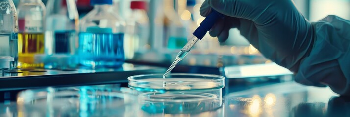 Poster - liquid solution, glass, test for medical research, science study, chemistry and microbiology science