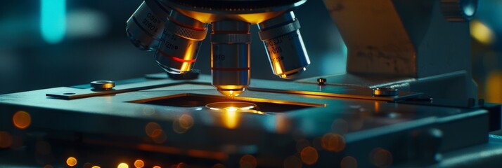 Poster - at the laboratory, a close-up shot of a microscope with metal lenses is shown.