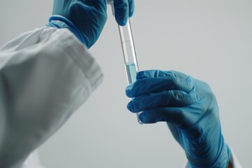 Poster - A man holds a test tube filled with fluid as he conducts laboratory experiments