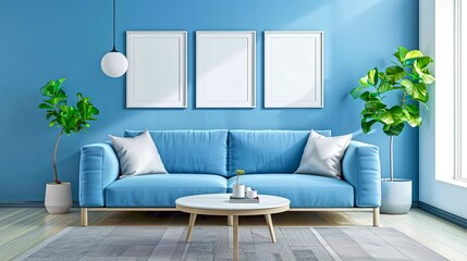 Wall Mural - modern living room with a blue sofa, minimalist decor and green plants. bright and stylish interior 
