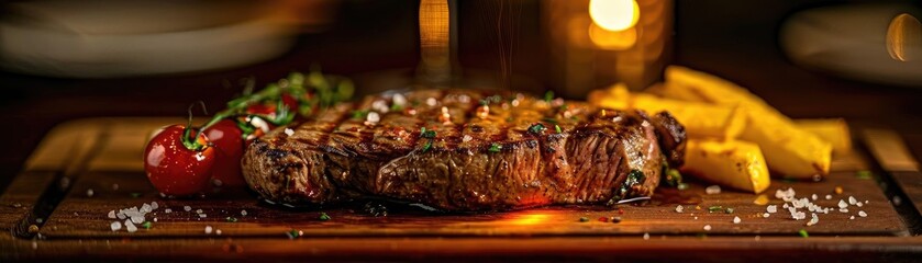 Poster - A delicious, perfectly grilled steak served on a wooden board with a side of roasted vegetables in a cozy restaurant setting.