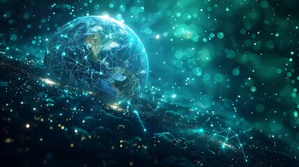 Wall Mural - global network concept globe with interconnected lines on greenish-blue bokeh background