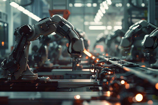 A high-tech factory with robots on an assembly line, manufacturing car body parts efficiently.