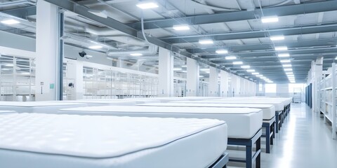 Wall Mural - Factory with rows of white mattresses in a precise manufacturing arrangement. Concept Factory Layout, Manufacturing Process, White Mattresses, Precision Arrangement