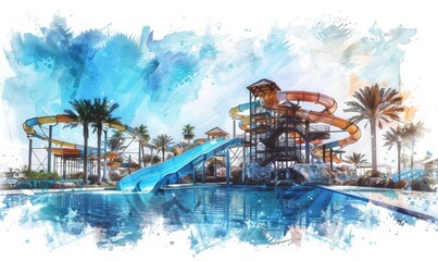 Wall Mural - paradise beach waterpark photos Digital illustration, white background, watercolor style