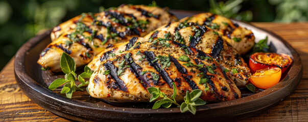 Wall Mural - Juicy Grilled Chicken Breasts on a Rustic Plate with Herbs and Grilled Vegetables Outdoors in a Natural, Green Garden Setting