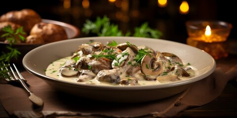 Canvas Print - Creamy veal stew with white wine cream and mushrooms Blanquette de veau. Concept Creamy veal stew, Blanquette de veau, White wine cream sauce, Mushrooms, French cuisine