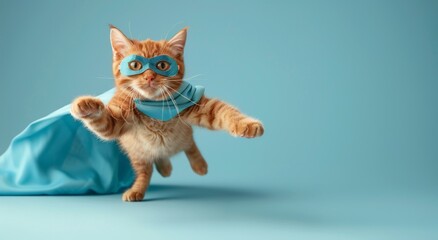 Wall Mural - superhero cat, orange tabby with blue cape and mask flying in the air isolated on pastel 