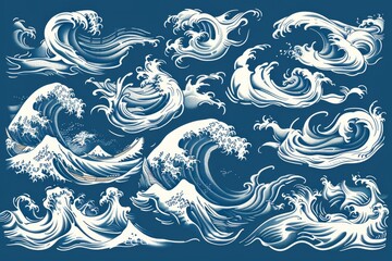 A set of isolated modern illustrations of Atlantic tidal waves. Vintage old engraved labels. Marine and nautical or sea, ocean background.