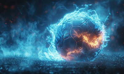 Wall Mural - futuristic, glossy, black-and-white soccer ball with glowing neon details and explosive design isola