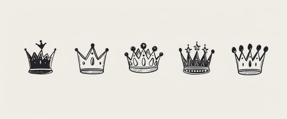 Hand drawn crown icon set. Crown sketch. King or queen crown icons. Modern illustration.