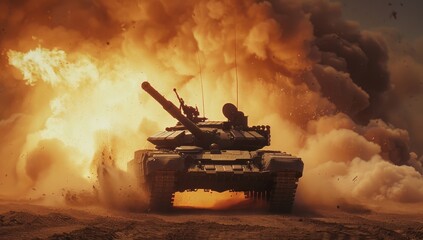 video clip style, a tank is blowing up with an explosion of sand and dust