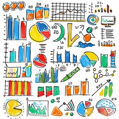 Poster - A freehand drawing of chart items on a sheet of exercise book. Modern illustration.