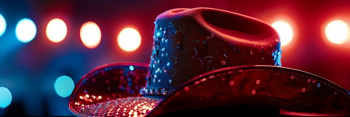 Poster - closeup of a sparkling rhinestone cowboy hat under vibrant stage lights at a live concert