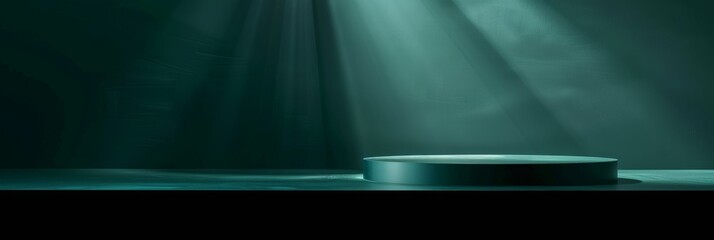 Poster - A dark green podium stage bathed in spotlight creates a dramatic ambiance for product display with copy space