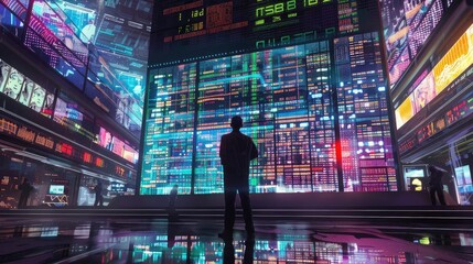 Poster - Silhouette of a man in front of a large digital display in a futuristic cityscape, immersed in technology and neon lights at night.