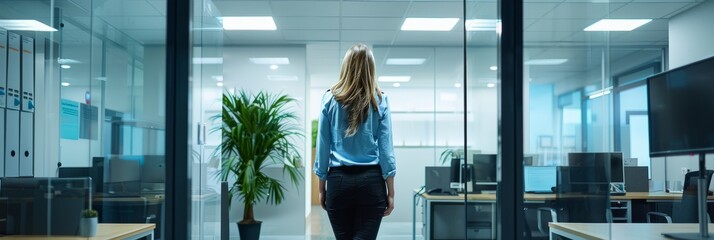 Poster - A data privacy officer walks through a modern office space while conducting a thorough security audit, ensuring compliance with regulations and data protection measures