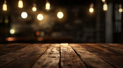 Wall Mural - A wooden table with lights hanging from the ceiling