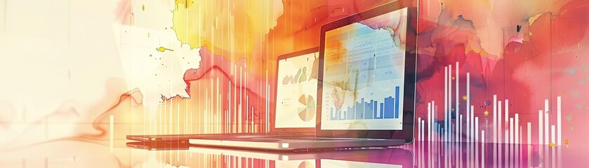 Aufkleber - Abstract digital artwork of laptops displaying charts with watercolor background, representing data analysis and technology.