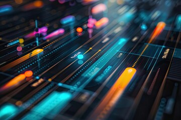 Poster - Abstract digital interface with colorful data visualization and futuristic technology elements on a dark background.
