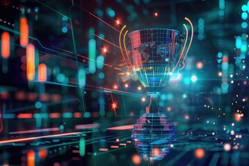 Futuristic digital background featuring a trophy, symbolizing achievement and success in technology and innovation with vivid colors.