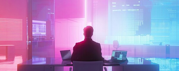 Aufkleber - Silhouette of a person working at a desk in a futuristic office, with vibrant pink and blue lighting, using multiple laptops.