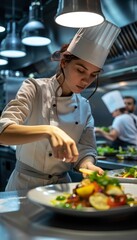 Skilled female chef plating matjes dish in modern kitchen   hyperrealistic culinary work