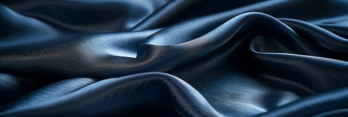 Poster - A detailed close-up image of a smooth dark blue fabric with subtle light effects, showing the fabrics texture and drape. Copy space is available on the right side