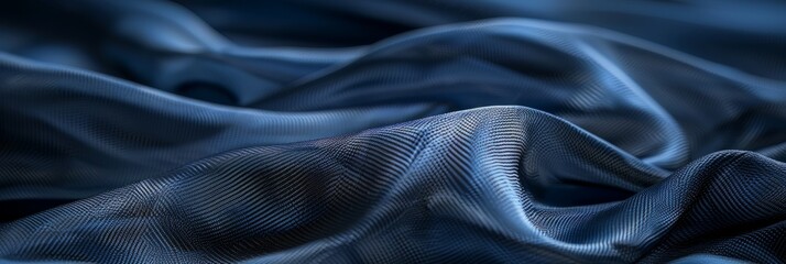 Poster - A detailed closeup of a smooth dark blue fabric with subtle light effects creating a luxurious and elegant feel. The fabric drapes softly, leaving copy space on the right side of the image