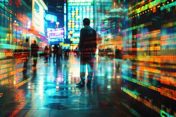 Aufkleber - Silhouette of a person standing in a vibrant cityscape with neon lights and digital data displays creating a futuristic atmosphere.