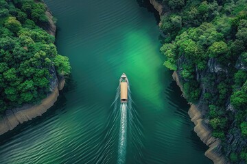 Poster - Aerial view of boat navigating through green river between forested cliffs, creating peaceful nature scenery and serene travel experience.