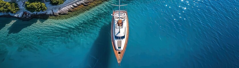 Wall Mural - Aerial view of a luxury yacht sailing on crystal clear blue water near a scenic coastline, showcasing a serene and picturesque summer getaway.