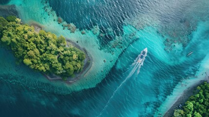 Aerial view of a boat sailing through crystal-clear turquoise waters surrounded by lush green islands. Perfect for travel and nature themes.