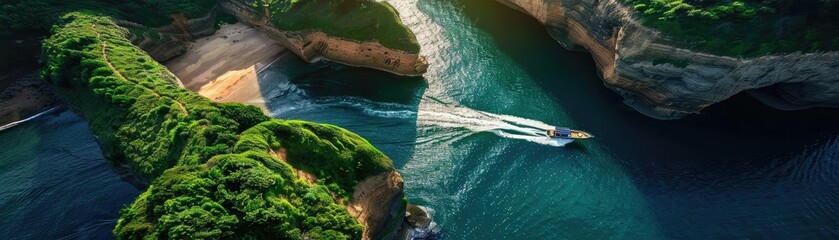 Poster - Aerial view of a speedboat navigating through a picturesque coastal bay with lush green cliffs and clear blue ocean water, capturing a serene landscape.