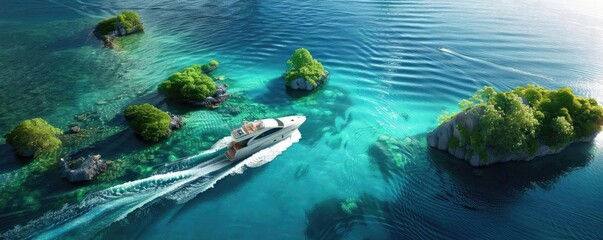 Poster - Aerial view of a yacht cruising through vibrant blue waters surrounded by small lush islands, creating serene and picturesque scenery.