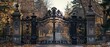 © nattapon98 - Craft a frontal view of a vintage, restricted entry gate with ornate ironwork and intricate carvings, capturing the sense of mystery and exclusivity,