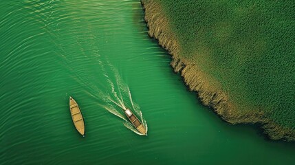 Poster - Aerial view of boats navigating through calm green waters near a lush shoreline capturing a serene and peaceful nature landscape.