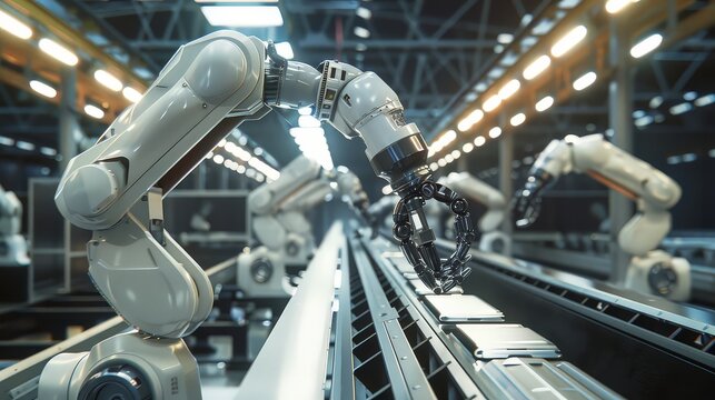 Industrial robots are being transported on a conveyor belt in a manufacturing facility.
