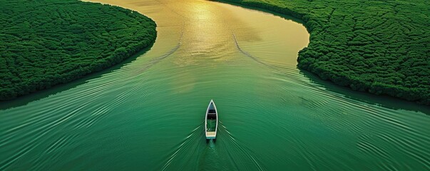 Poster - Aerial view of a single boat navigating tranquil river surrounded by lush green landscape during sunset, creating a peaceful and serene scene.