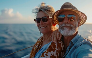 Wall Mural - A couple on a boat, smiling and posing for a picture. The man is wearing sunglasses and a hat