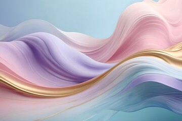 Wall Mural - Abstract pastel background with smooth, flowing waves. Gentle waves in pink, purple, blue, and gold color transition. Wavy, artistic design for a soft, elegant look.