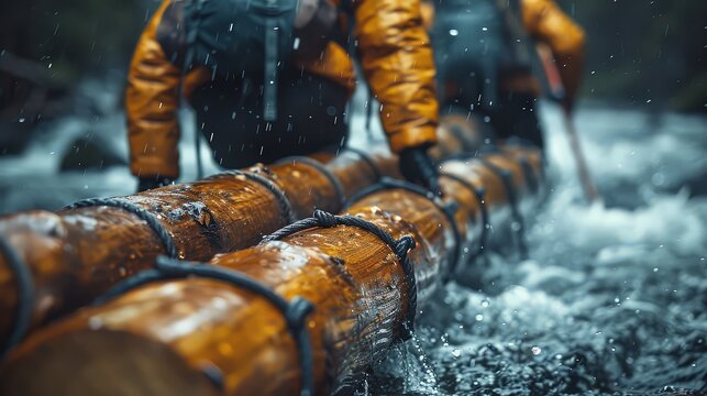 
Building a raft involves tying together wooden logs with rope knots to create a floating structure for a river adventure.