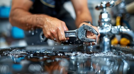 fixing a leaking pipe: plumber at work, wrench in hand, water drops