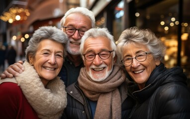 Poster - Four older people are smiling and posing for a photo. They are wearing warm clothing and appear to be enjoying each other's company