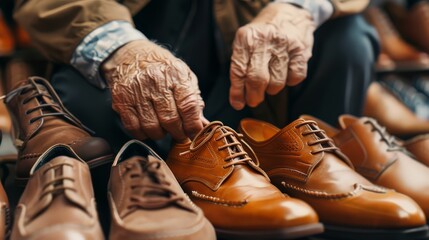 Hispanic senior shoemaker working the leather.