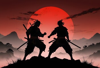 Silhouetted Samurai Duel Under a Red Moon