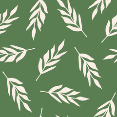 Aufkleber - Abstract floral seamless pattern. Simple minimal  botanical print. Hand drawn branches on a green background. Beige and green colors. Vector illustration